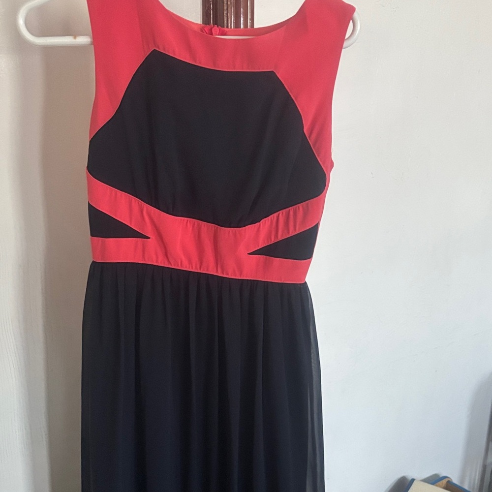 Black Maxi Dress with Red Contrast Panels - Women's Sleeveless Maxi